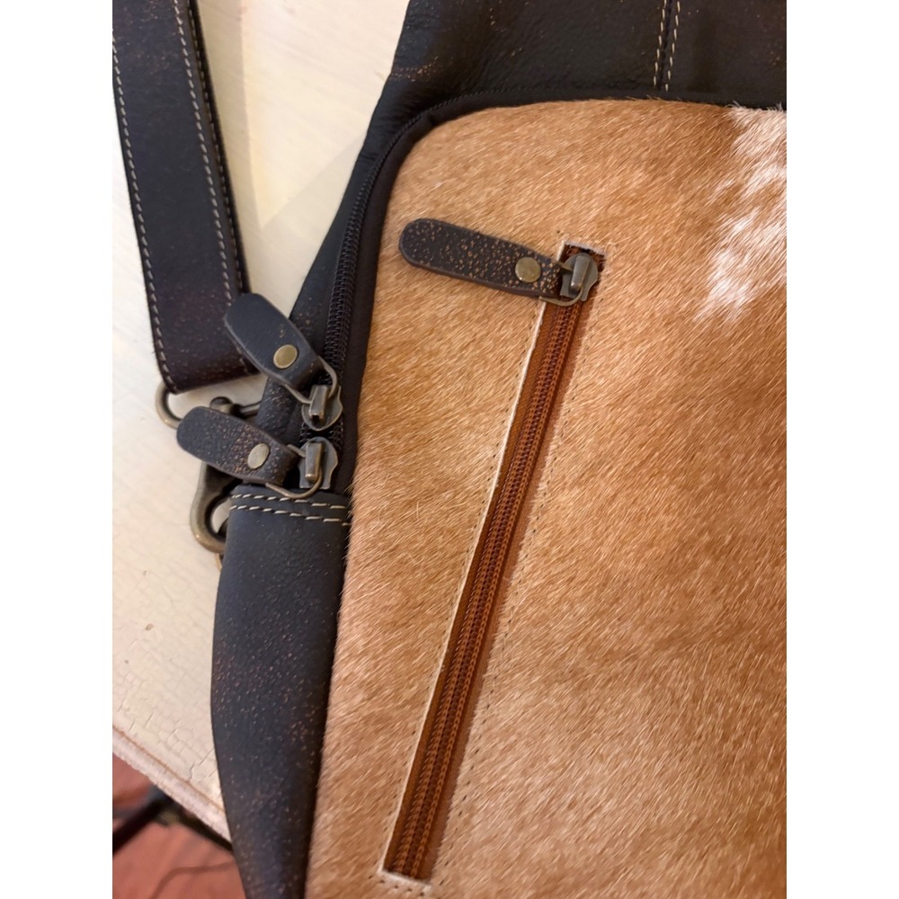 Myra Bag Hair-On Hide Sling Backpack Crossbody Western Brown - Picture 3 of 5